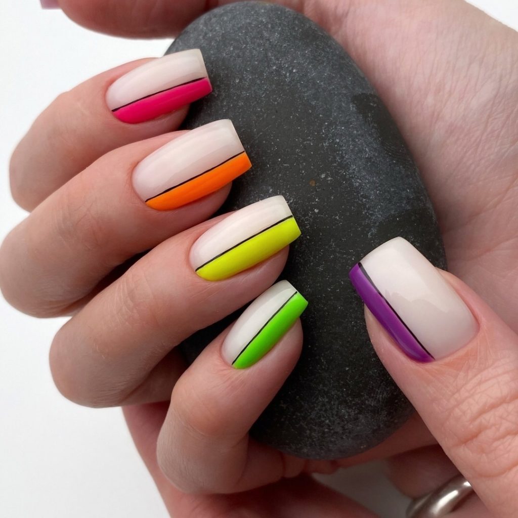 Нюдовый маникюр на квадратные ногти с декором из разноцветных лаков