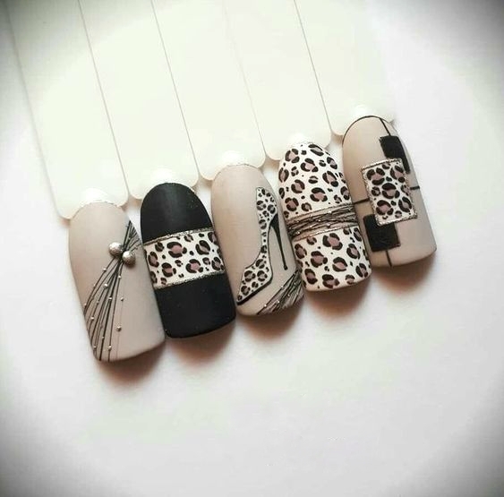 Модный дизайн ногтей с леопардовым принтом, рисунком туфли и геометрическими узорами