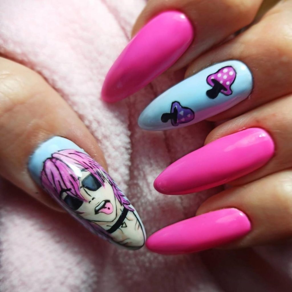 Молодежный розово-голубой маникюр в стиле аниме на длинные ногти миндальной формы