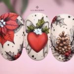 Зимний маникюр с 3Д-рисунками сердец с бантом, листьев, шишек, еловых веток