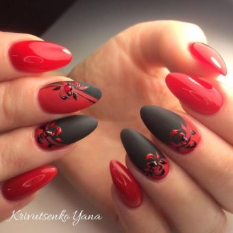 Черно-красные ногти с глянцевым покрытием и оригинальными контрастными узорами