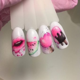 Яркие 3Д рисунки на ногтях в виде мороженого, леденцов, женских пухлых губ и арбуза