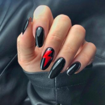 Модное черное оформление ногтей Напряжение с глянцевым покрытием и красным рисунком молнии