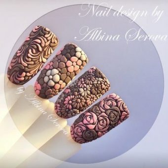Объемный дизайн ногтей в разных цветах с рисунками роз, ромашек и других цветов