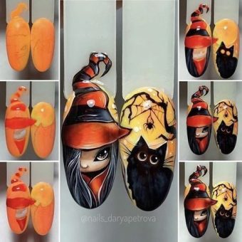 Рисунки на ногтях на хэллоуинскую тему от руки в виде черного кота с пауком и девочки