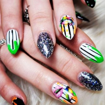 Современный модный дизайн ногтей с цветными подтеками, блестками, контрастными полосками